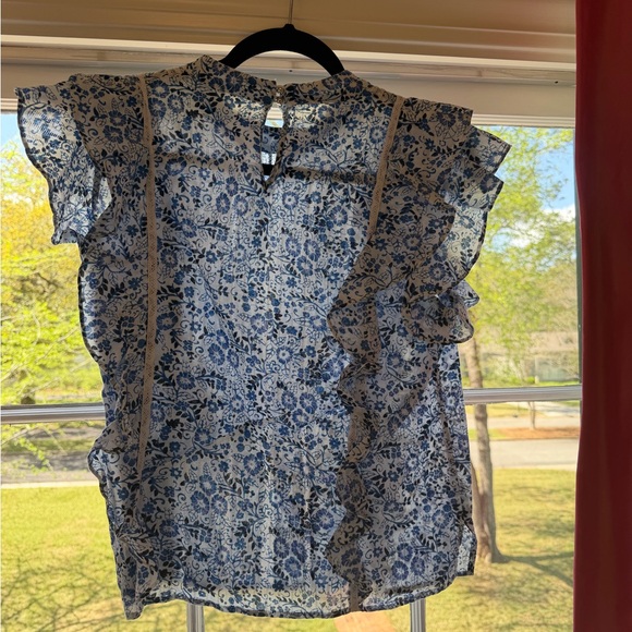 Veronica Beard White and Blue Floral print Mock neck Ruffle Blouse - Picture 5 of 12